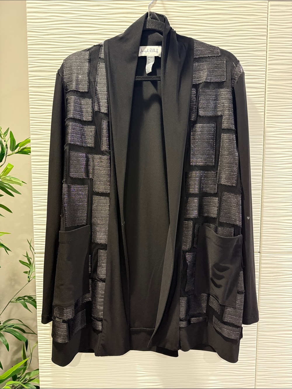 Joseph Ribkoff Black Open-Front Geometric Panel Jacket